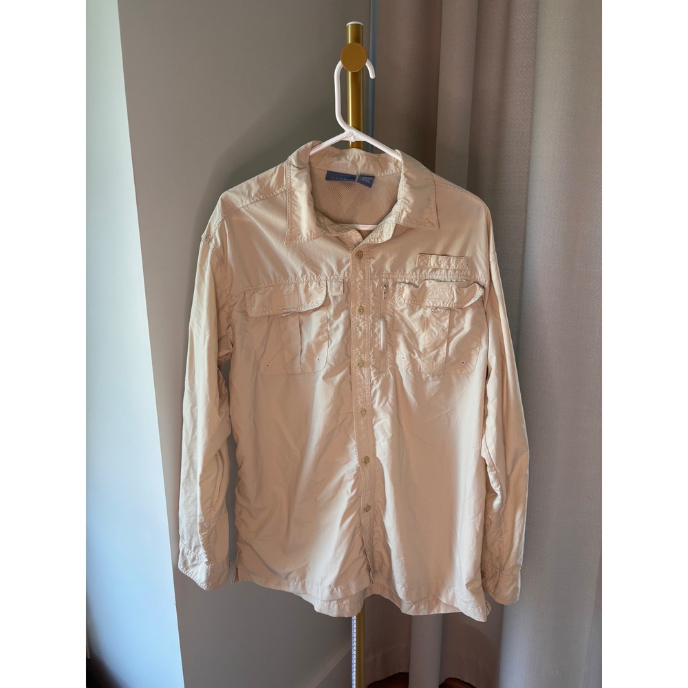 Quest Mens Tan Long Sleeve Vented Fishing Shirt Large Utility Mesh Lined Nylon-L